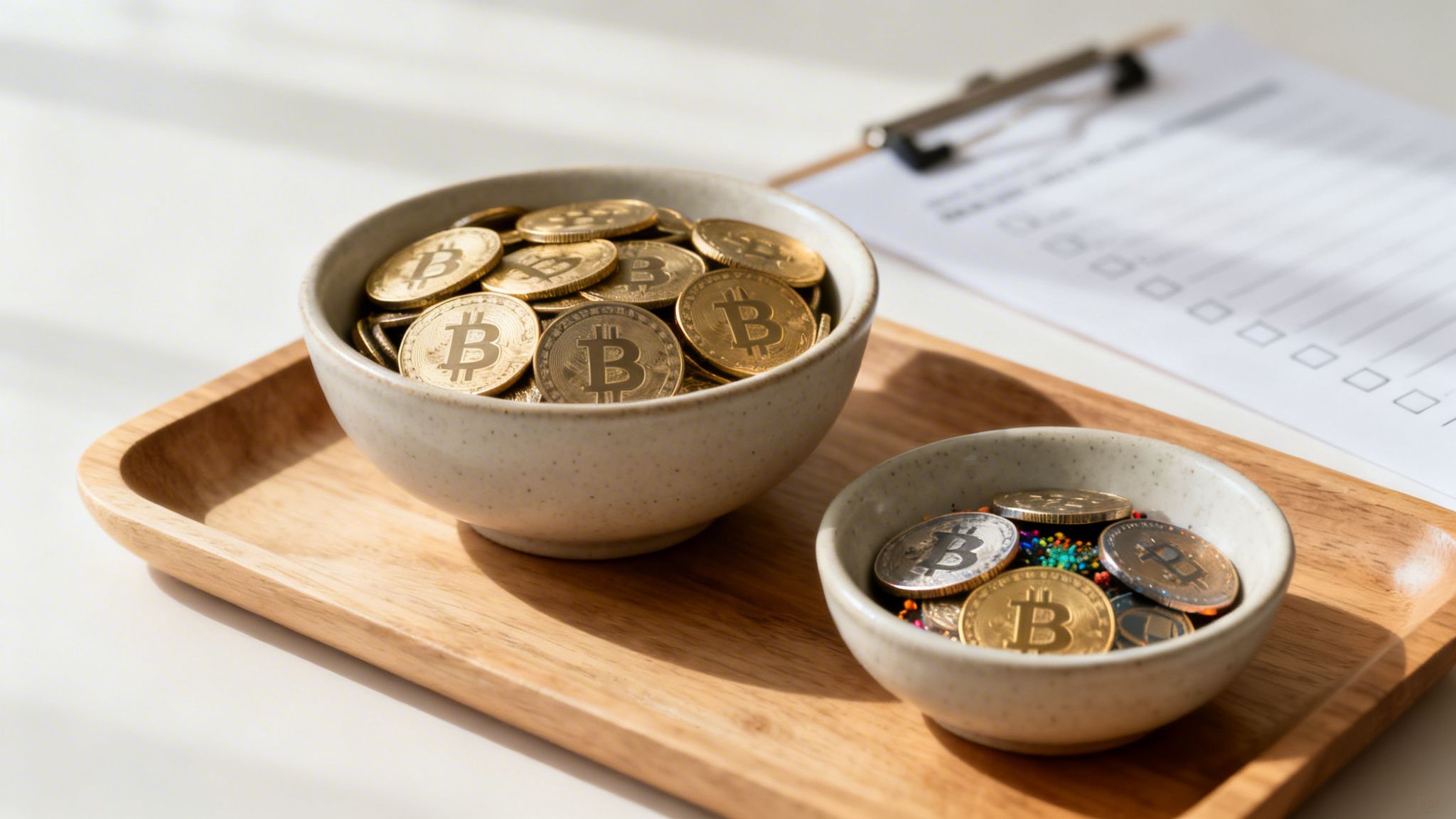 Two ceramic bowls holding golden and silver Bitcoin coins on a wooden tray, with a checklist in the background.