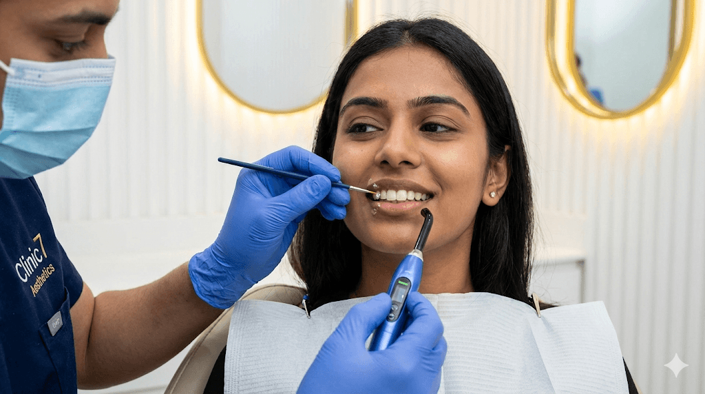 A dental professional carefully applying the bonding agent and placing a crystal onto a tooth surface