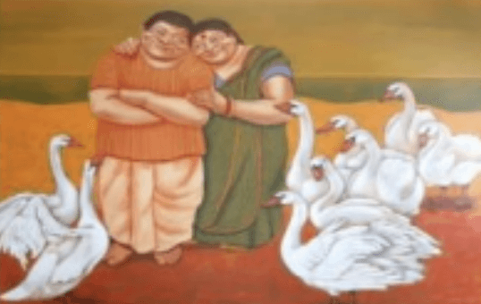 herd of sheep on road painting