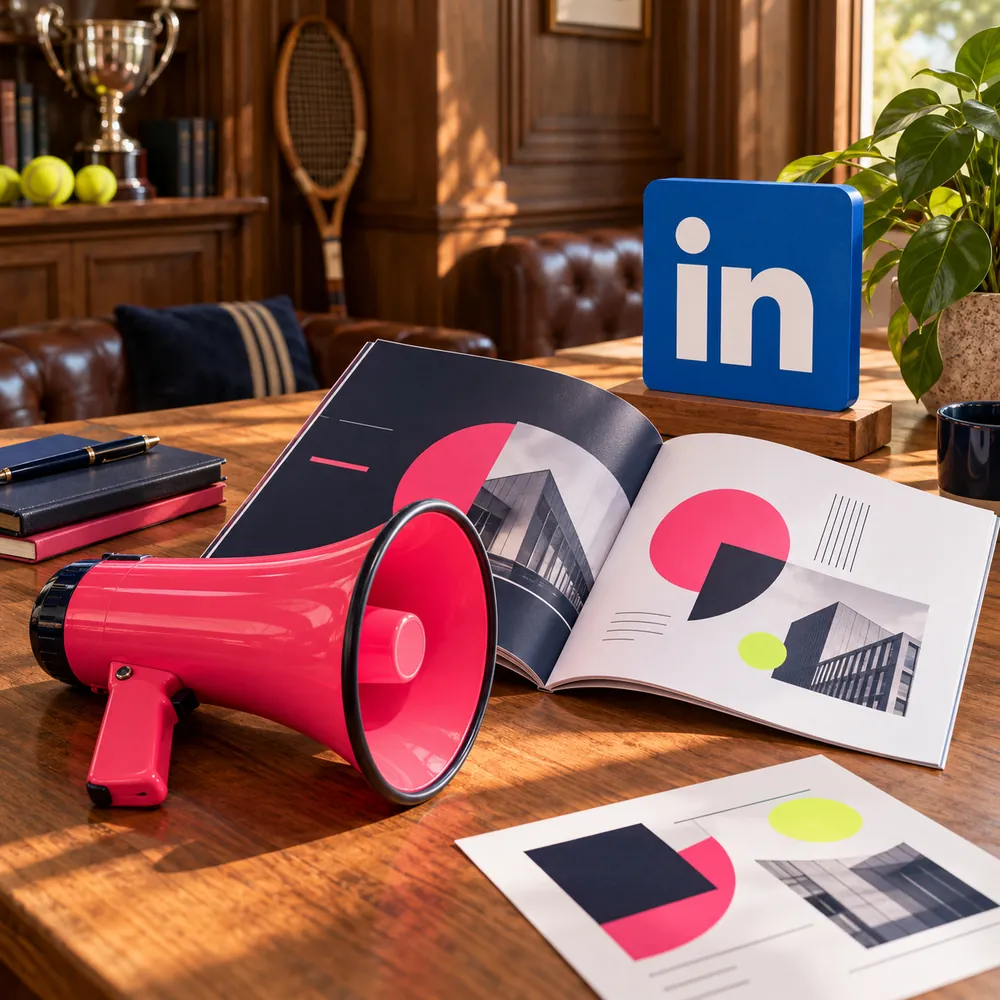 Un mégaphone rose et un livret professionnel illustrent la visibilité d’une marque sur LinkedIn.