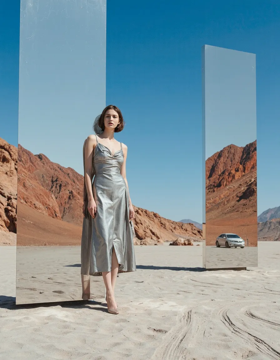 Silver dress against desert landscape with reflective panels creating visual contrast, showcasing surreal fashion photography in nature