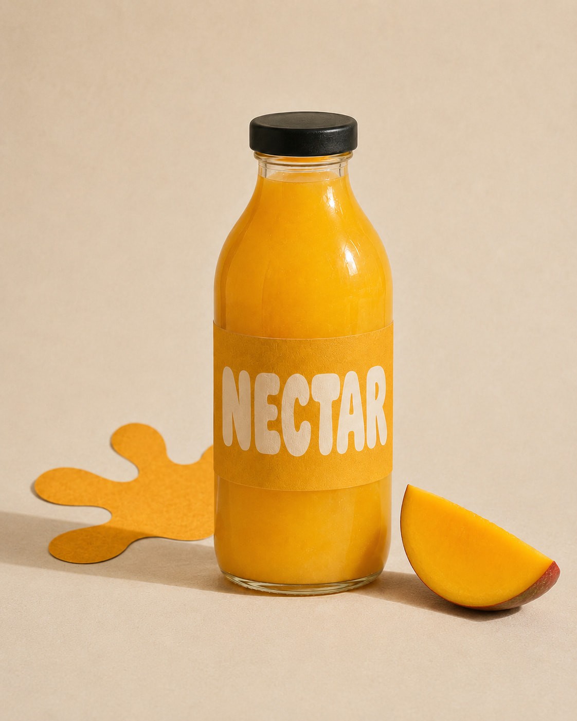 A glass bottle of orange-yellow nectar with a black cap and labeled "NECTAR" stands beside a mango slice and a splash-shaped paper on a beige background.