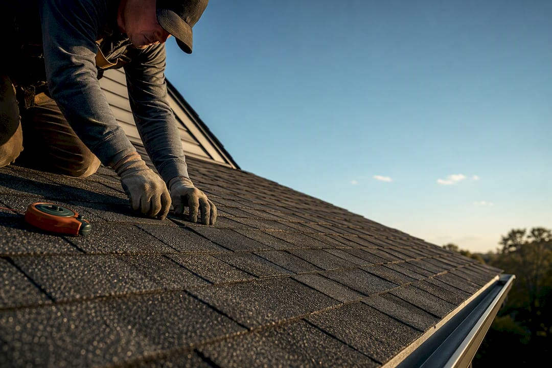 Contractor inspecting residential roof shingles