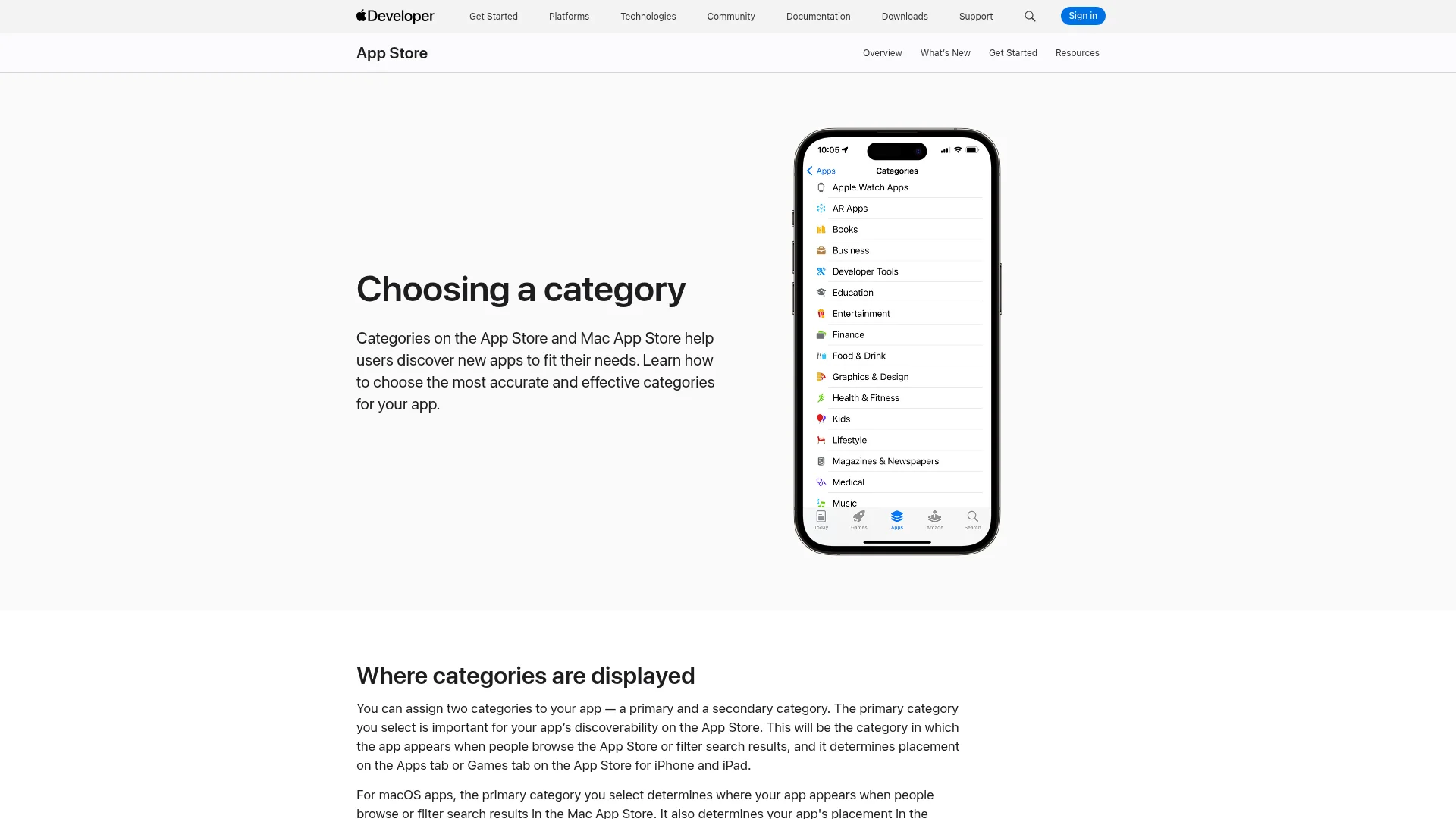 Apple's official App Store categories list shown on the Apple Developer site.