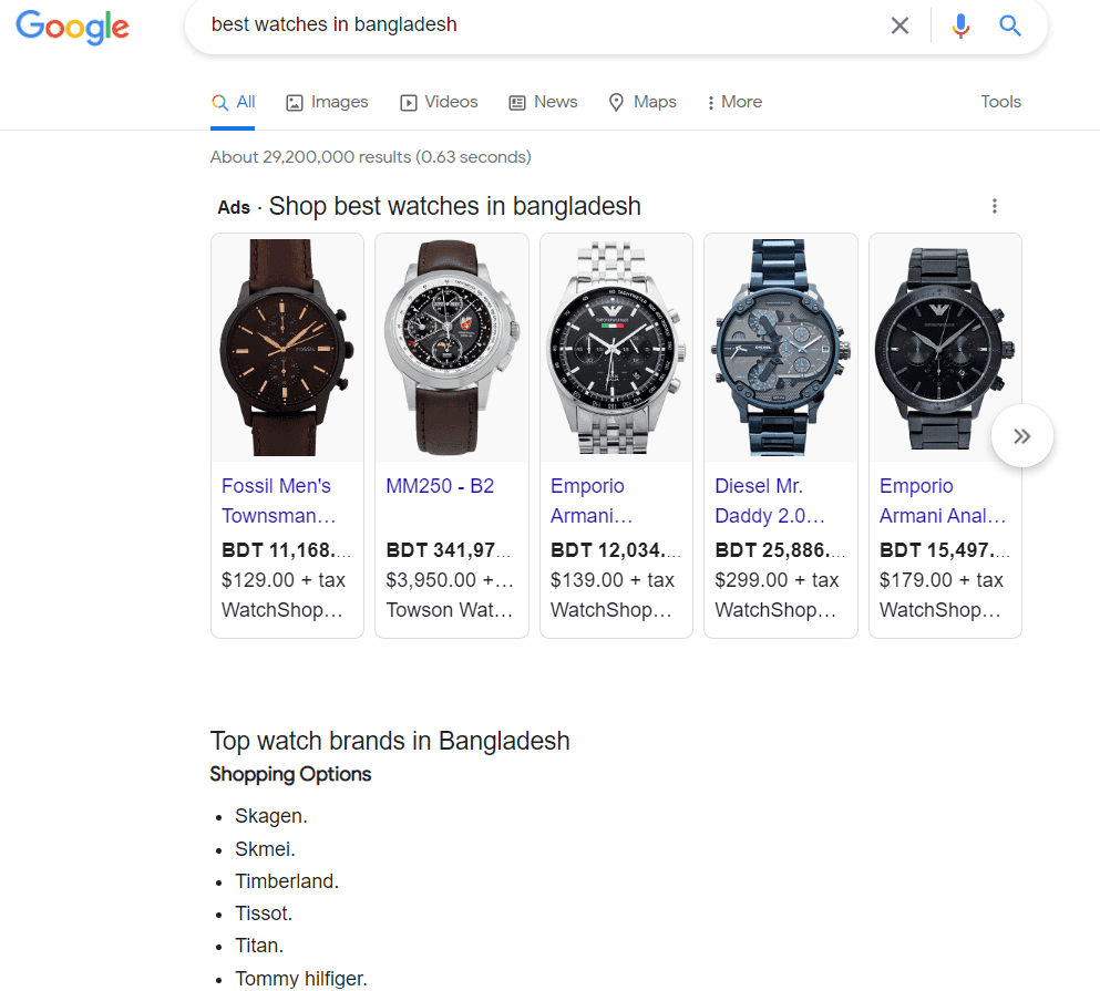 Google search result showing five ads of watched with details.