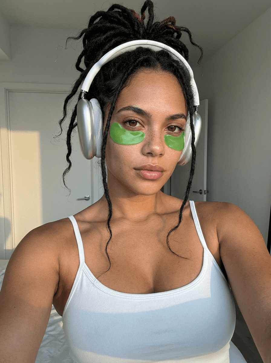 A close-up of a person wearing green-tinted glasses, with a serious expression and smooth skin.