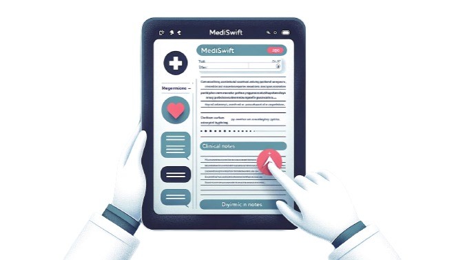 Close-up view of a tablet displaying the Mediswift interface, highlighting AI-powered clinical notes and healthcare management tools for efficient patient care.