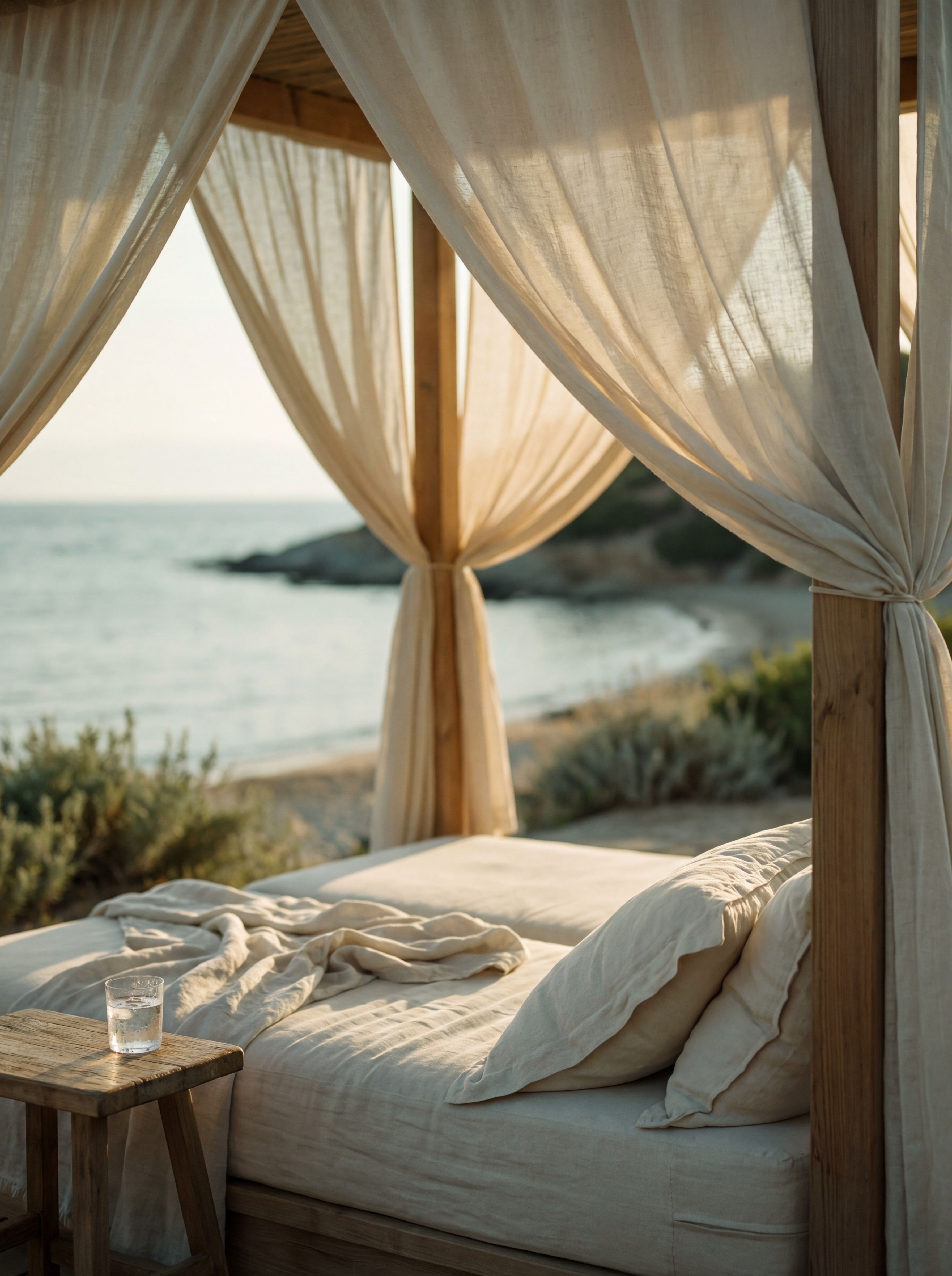 Luxury private beach cabana in Bodrum with sea view, curtains, and daybed by the Aegean coast