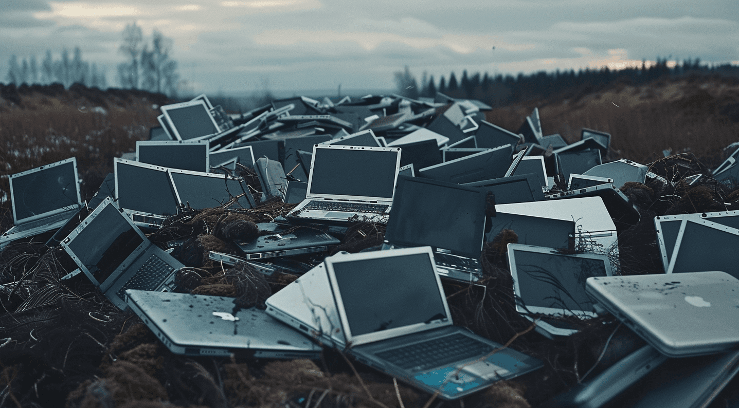 Pile of discarded laptops and broken electronics in an outdoor landfill
