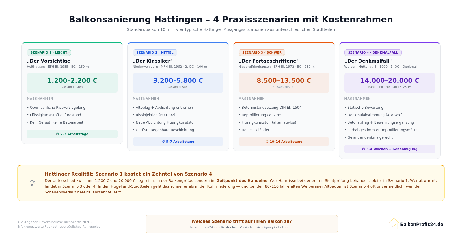 Infografik: Vier Praxisszenarien der Balkonsanierung in Hattingen – von Szenario 1 (Holthausen, leichte Schäden, 1.200–2.200 €) über Szenario 2 (Niederwenigern, mittlere Schäden, 3.200–5.800 €) und Szenario 3 (Niederelfringhausen Hügelland, schwere Schäden, 8.500–13.500 €) bis Szenario 4 (Welper Gartenstadt Hüttenau, Denkmalfall, 14.000–20.000 €).