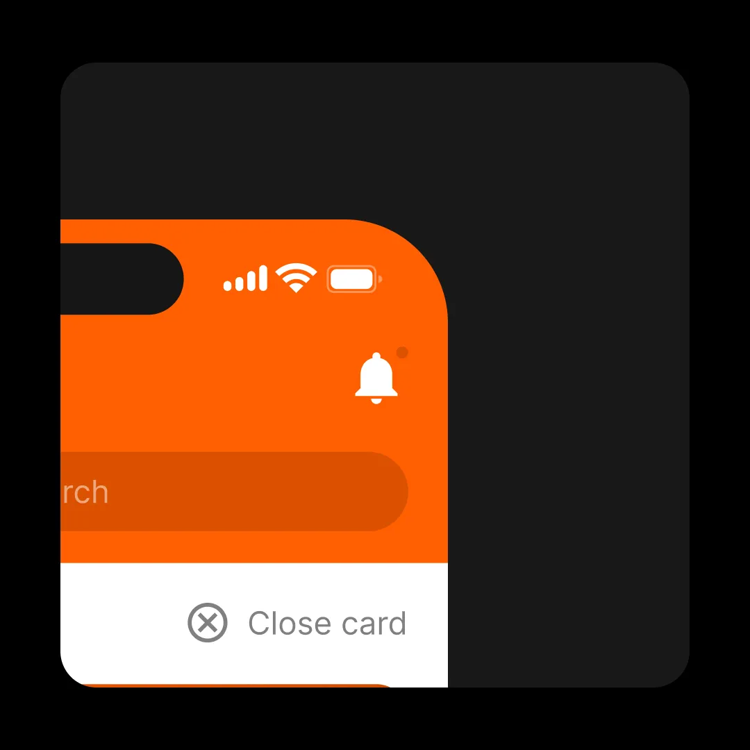 Mobile banking app UI close-up with notification icon and search bar in orange interface