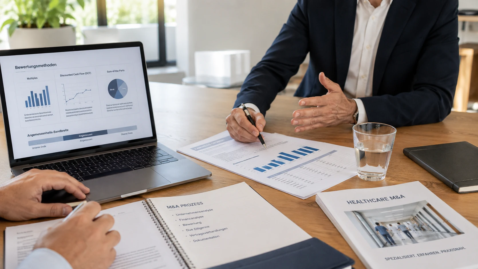 Analyst mit Laptop und Charts – Pflegemarkt 2026 Vier strukturelle Konsolidierungs-Treiber