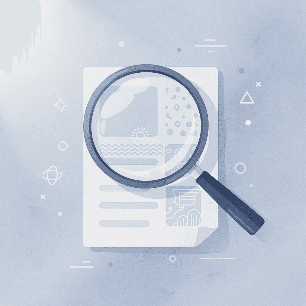 Magnifying glass analyzing research papers with insights