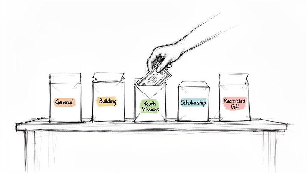 A hand places money into an envelope labeled 'Youth Missions' among several labeled donation boxes.