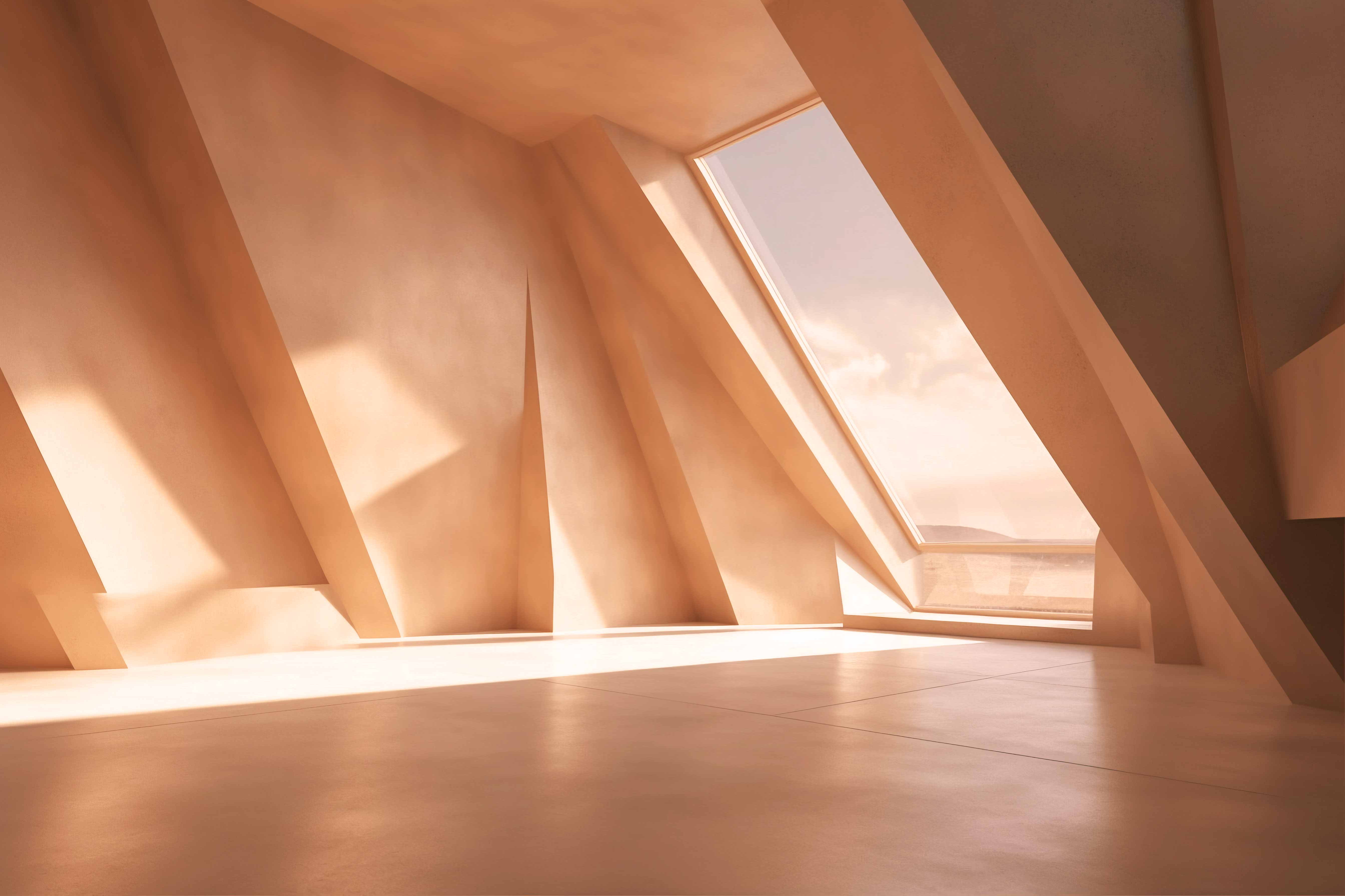 Contemporary interior with sculpted angled walls and a skylight filling the space with natural light.