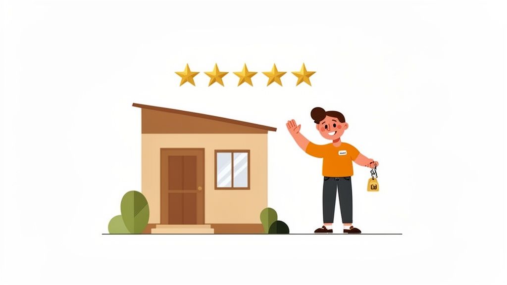 Cartoon of a happy person holding house keys next to a well-rated home with five stars.