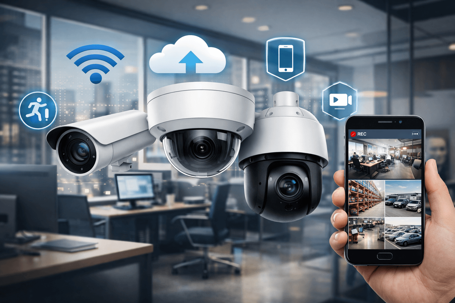 "Modelos variados de câmeras de segurança IP de alta performance com conectividade mobile e ícones de monitoramento remoto em nuvem."