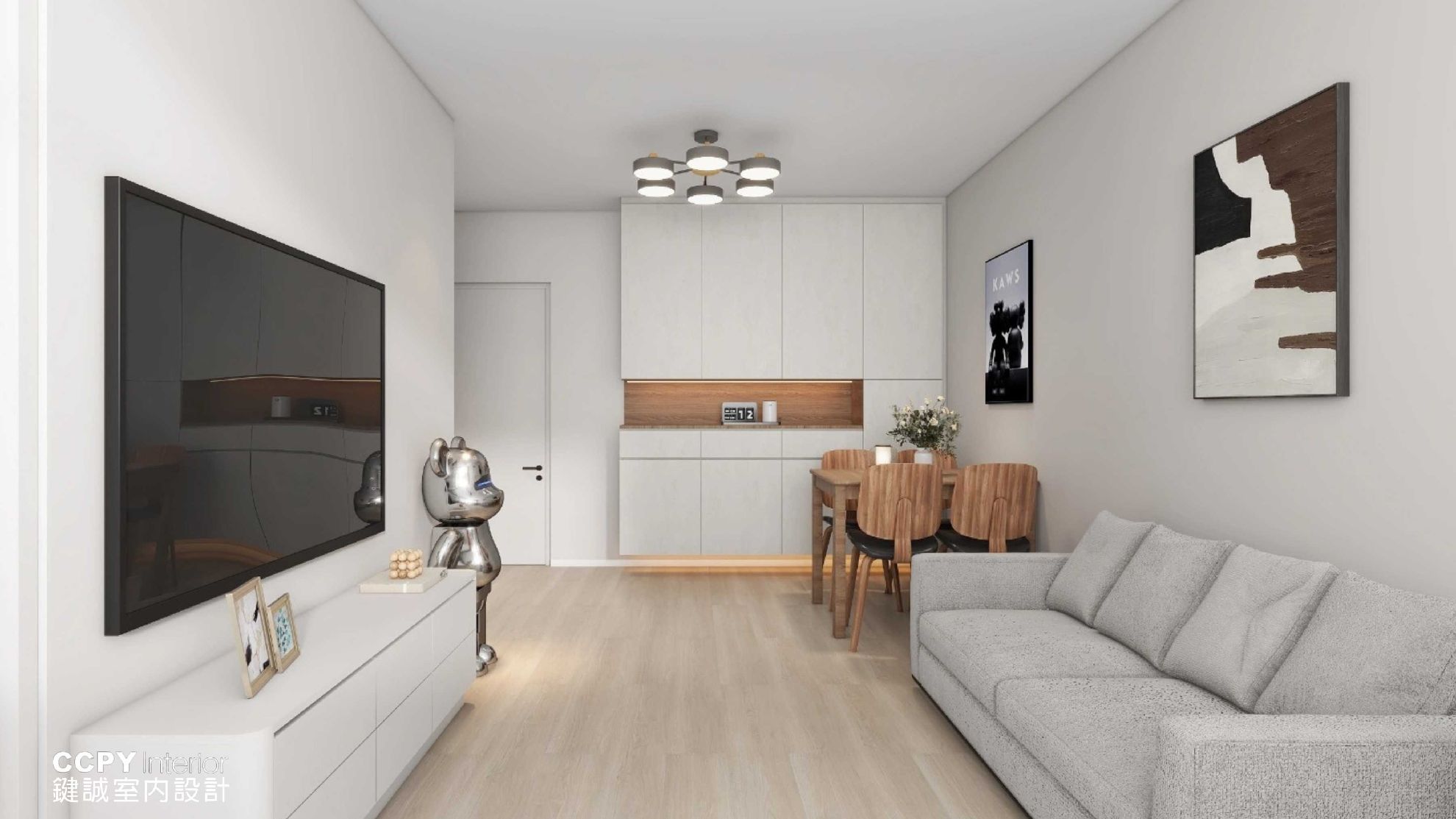 Modern living and dining area with art.