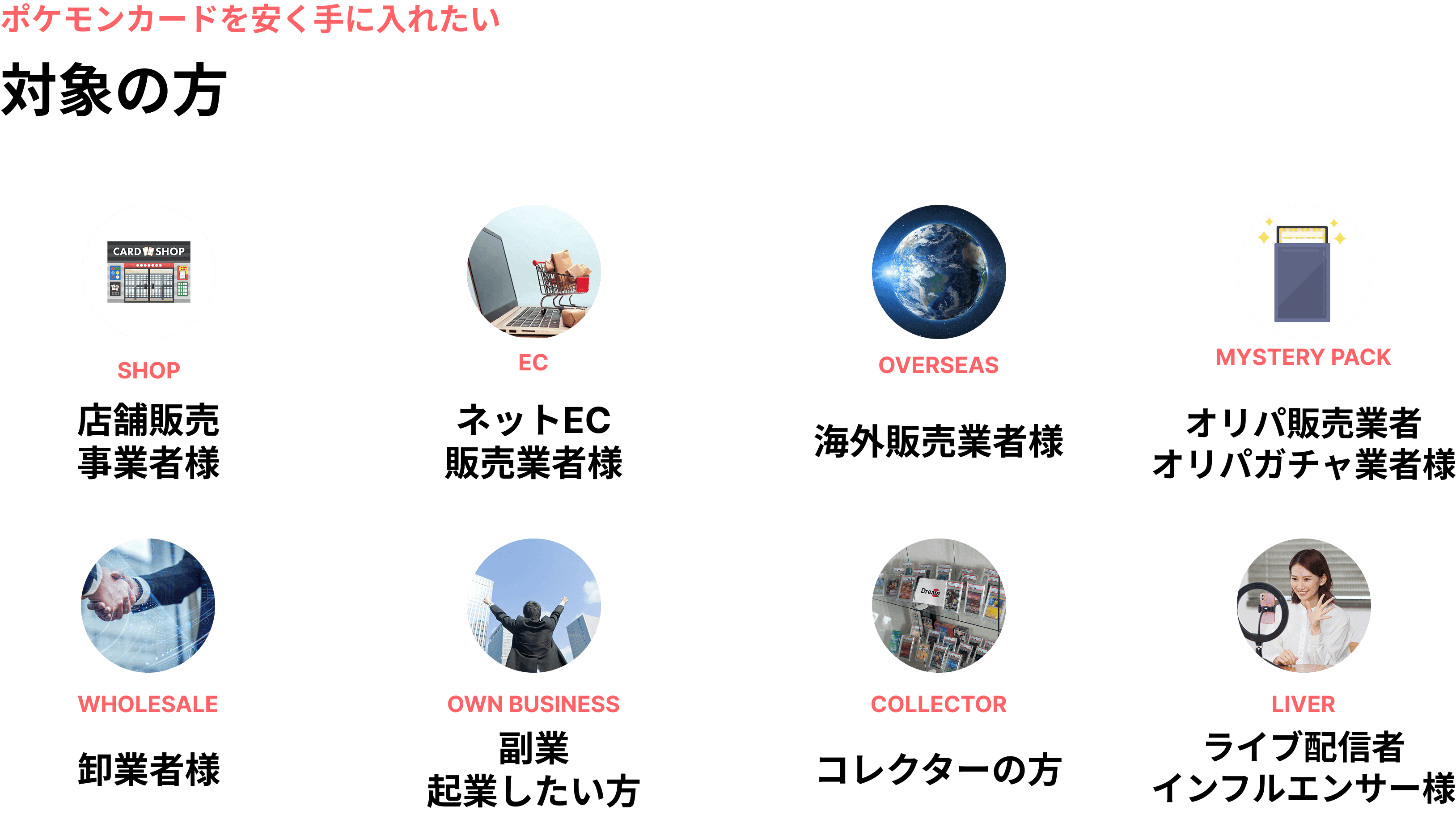 ポケモンカードを高利益で販売したい方、対象の事業者、副業事業者、独立・起業したい方、ネットEC販売業者、店舗販売業者、卸業者、海外販売業者、オリパ販売業者、オリパガチャ業者、ライブ配信者