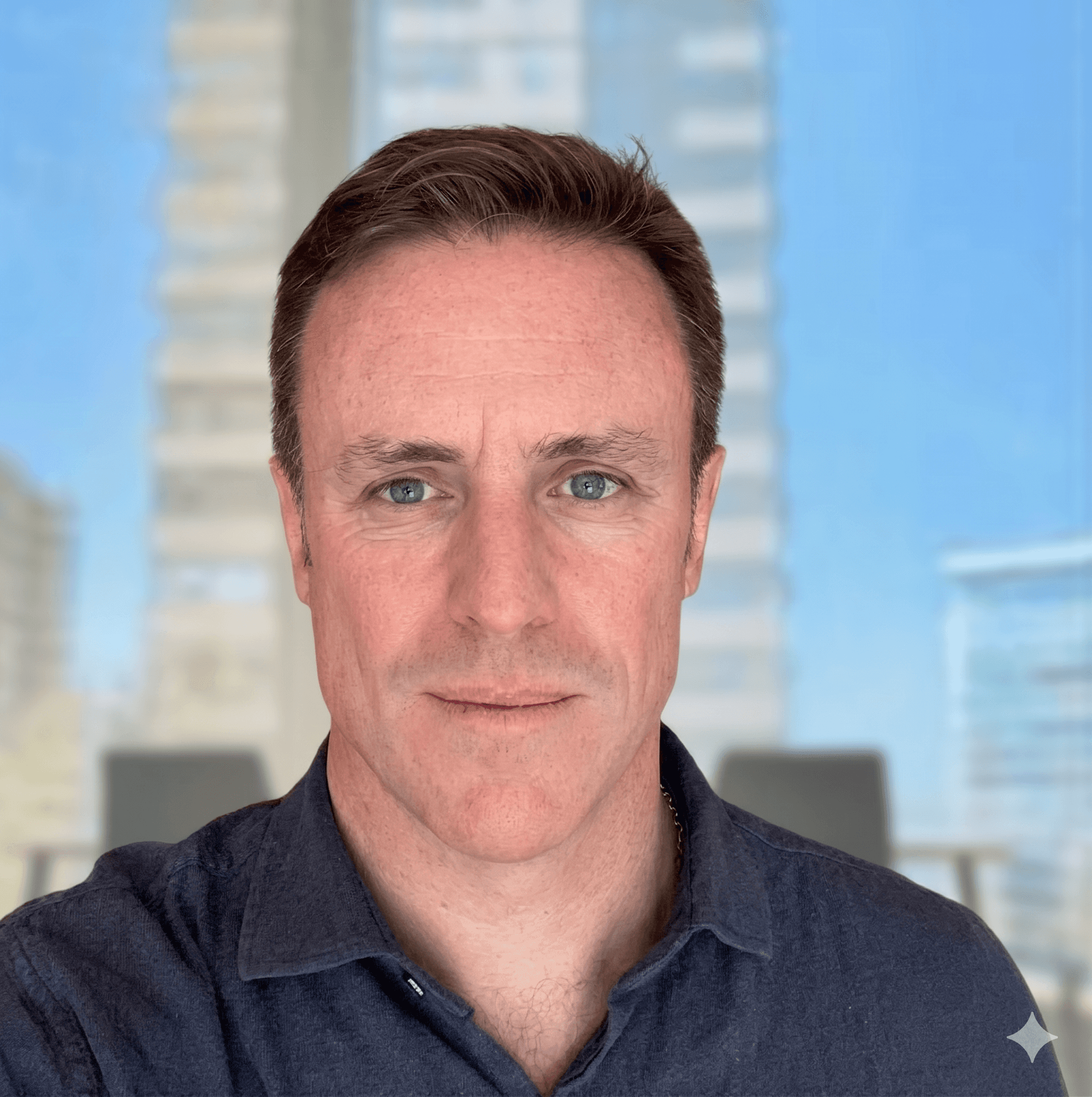 Close-up portrait of a man in a light shirt looking down thoughtfully