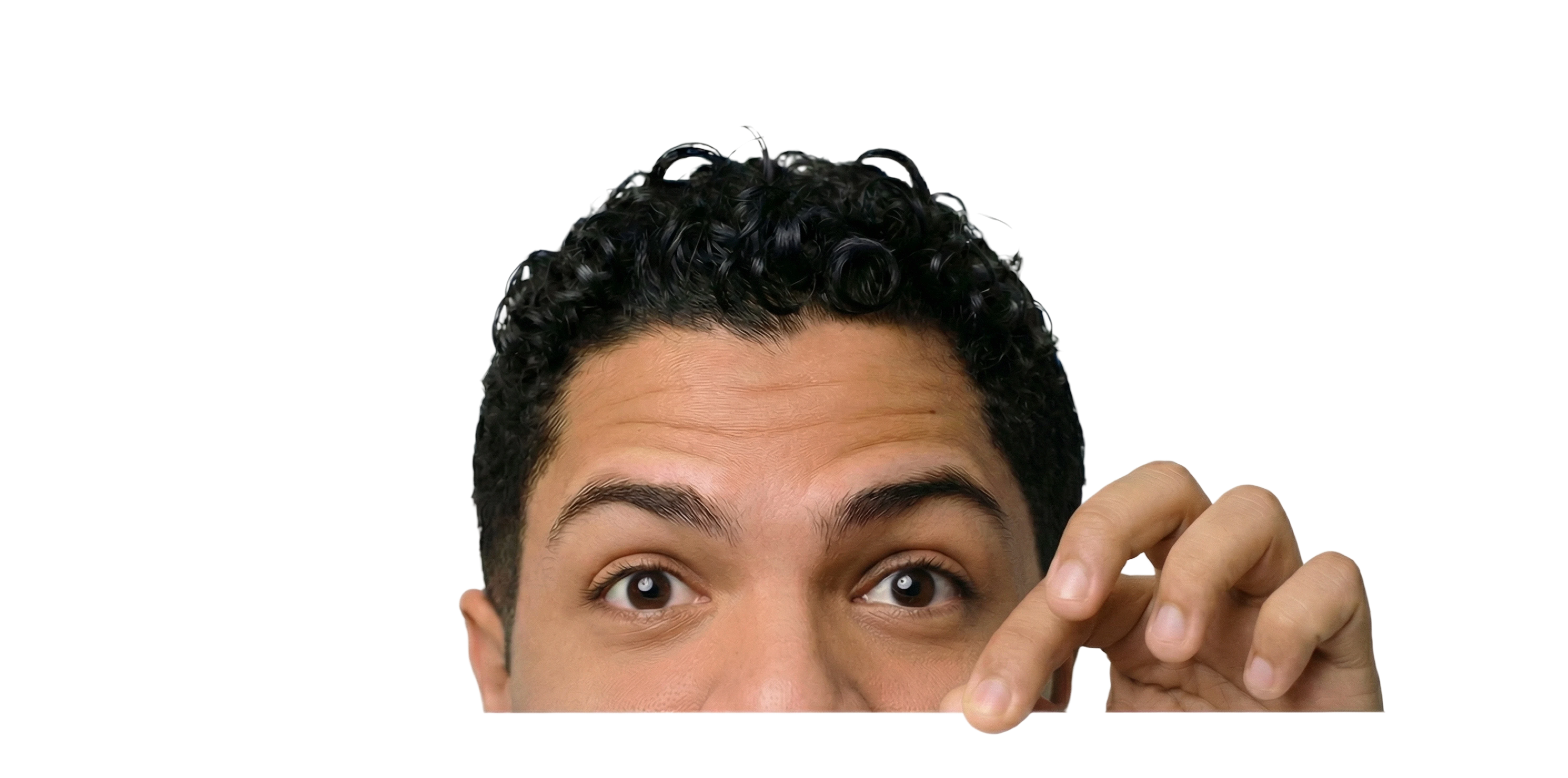 Cropped image showing a person’s eyes to the top of their head, making a pinching gesture with fingers.