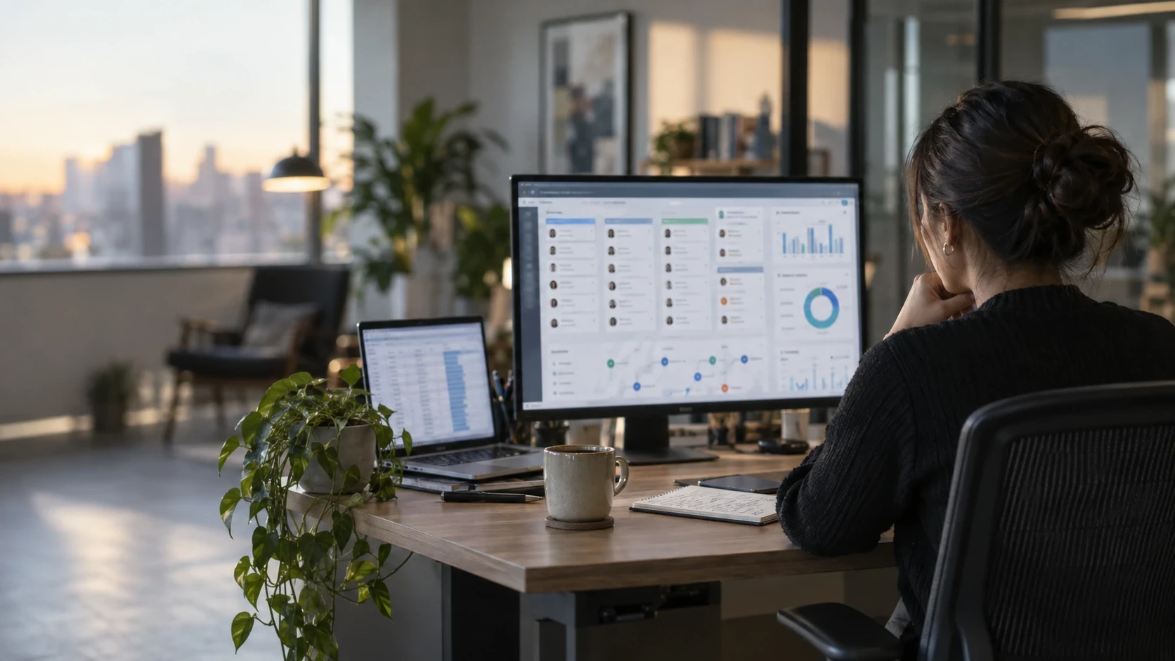 Recruiter reviewing centralized hiring data, candidate pipeline analytics, and interview scorecards on a dashboard.