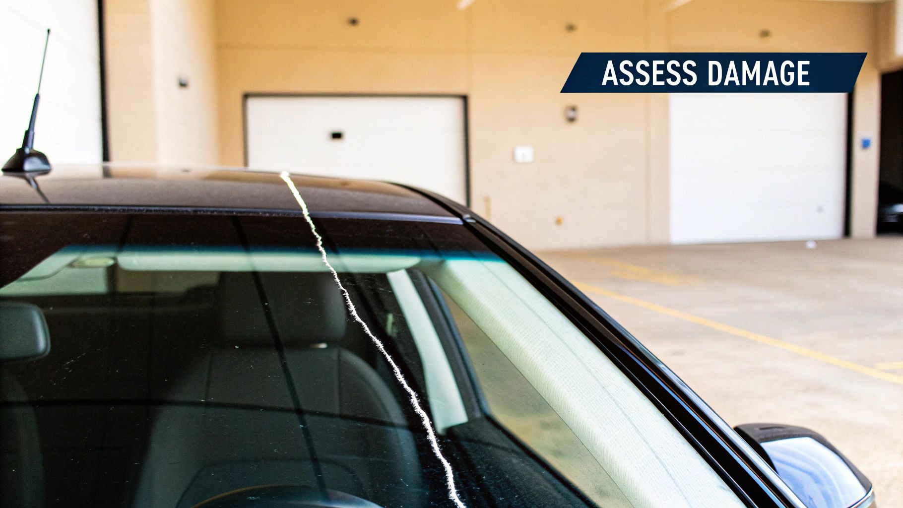 A close-up shot of a car's windshield with a prominent, long crack running vertically.