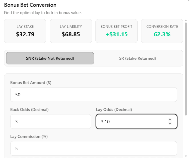 Bonus bet conversion tool for finding the optimal lay to lock-in bonus value.