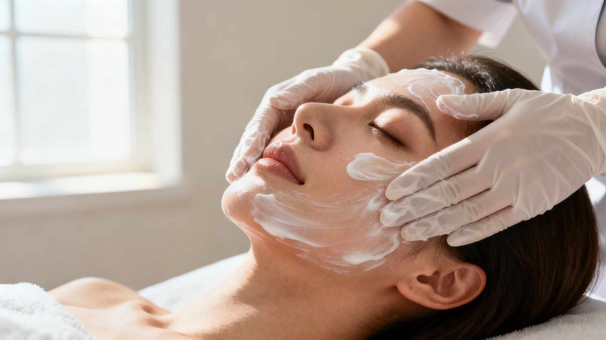 A professional esthetician performing a gentle facial massage on a woman with sensitive skin in a spa.