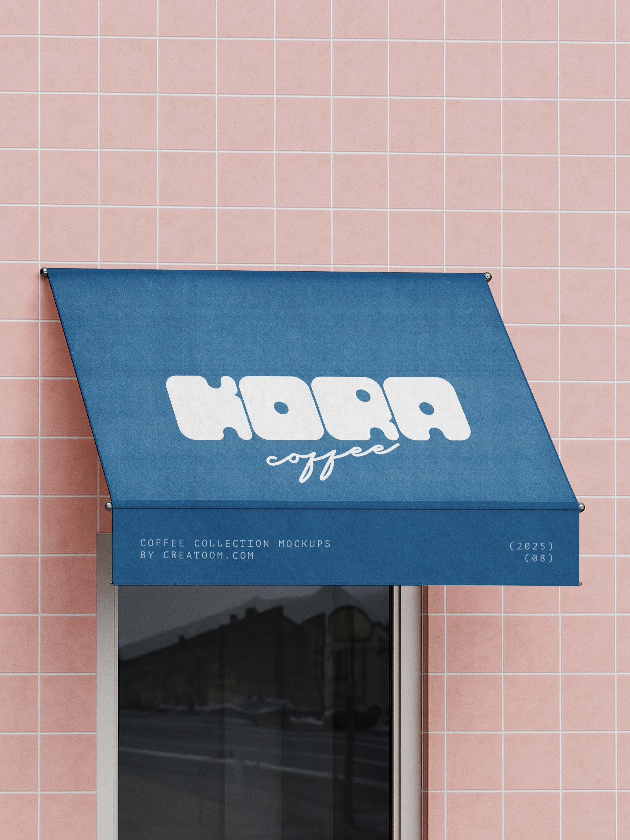 Blue branded awning on pink tiled storefront