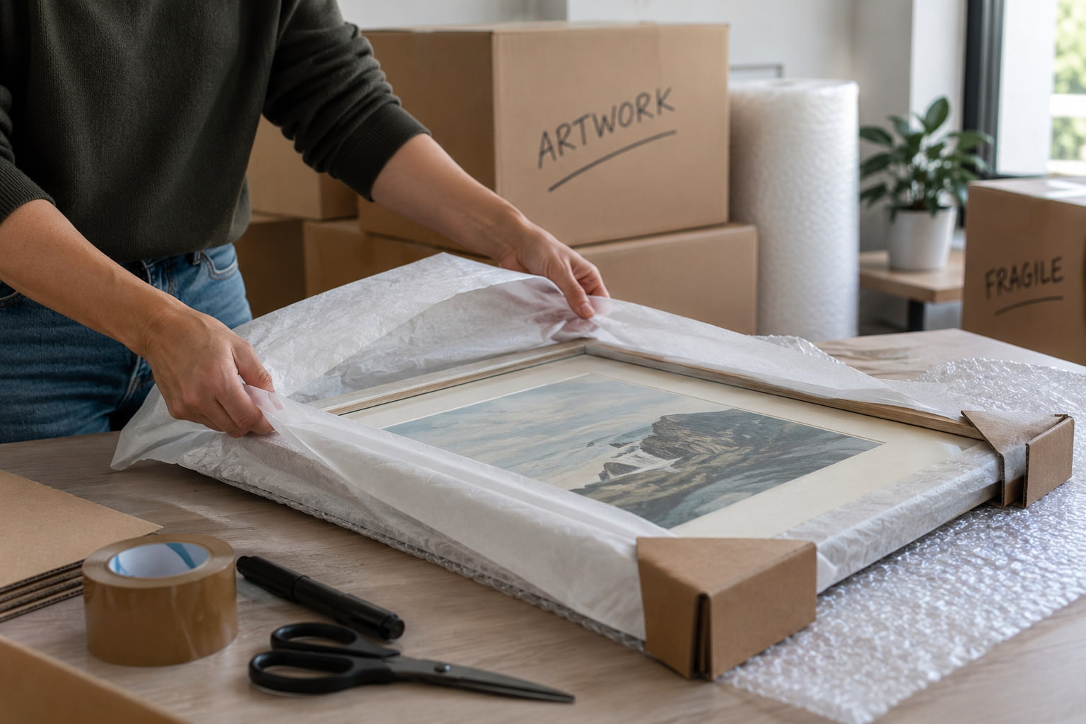 Packing artwork as a fragile item with protective wrapping, corner guards and cushioning.&nbsp;