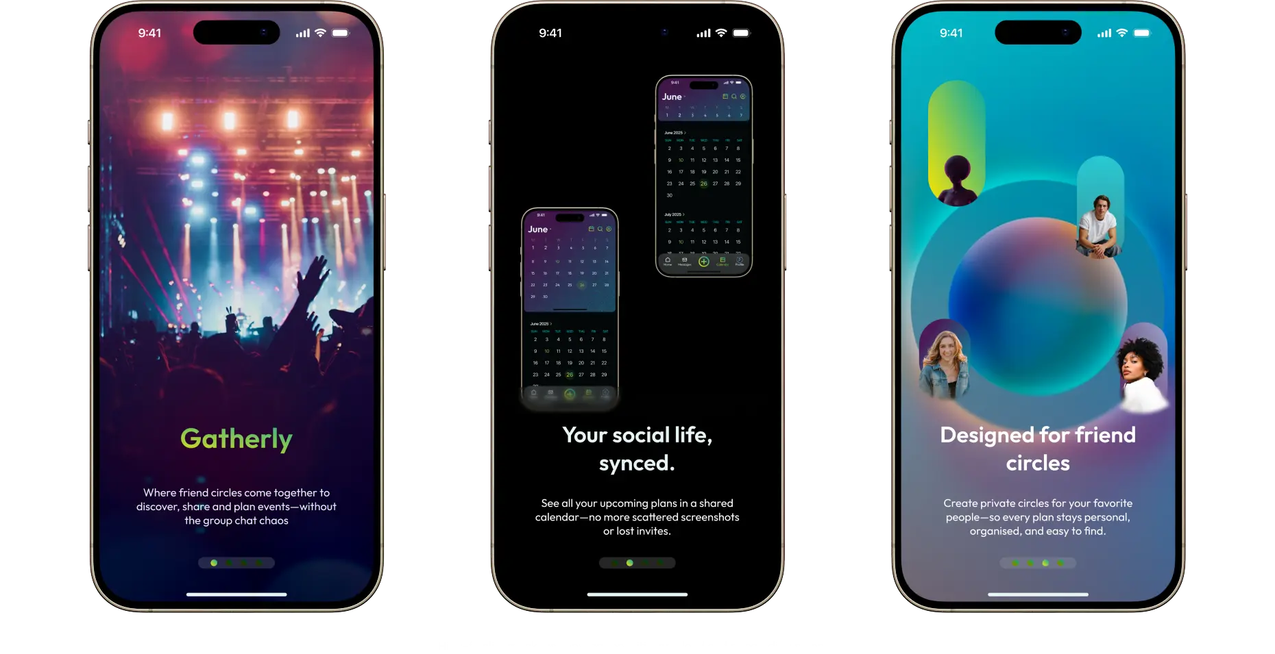 High-fidelity mockups showing the Gatherly app initial load and onboarding flow