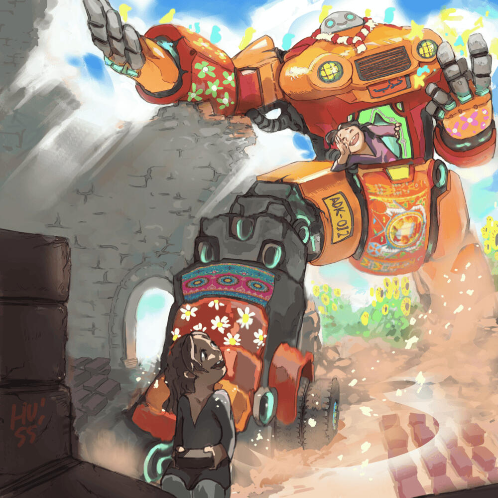 an illustration of a young girl doing labour in a brick kiln, with a relieved and happy look on her face, as another girl in a brightly decorated mecha-robot calls out to her, as the robot is decorated in bright flowers, birds and a sign that says "dreams". 