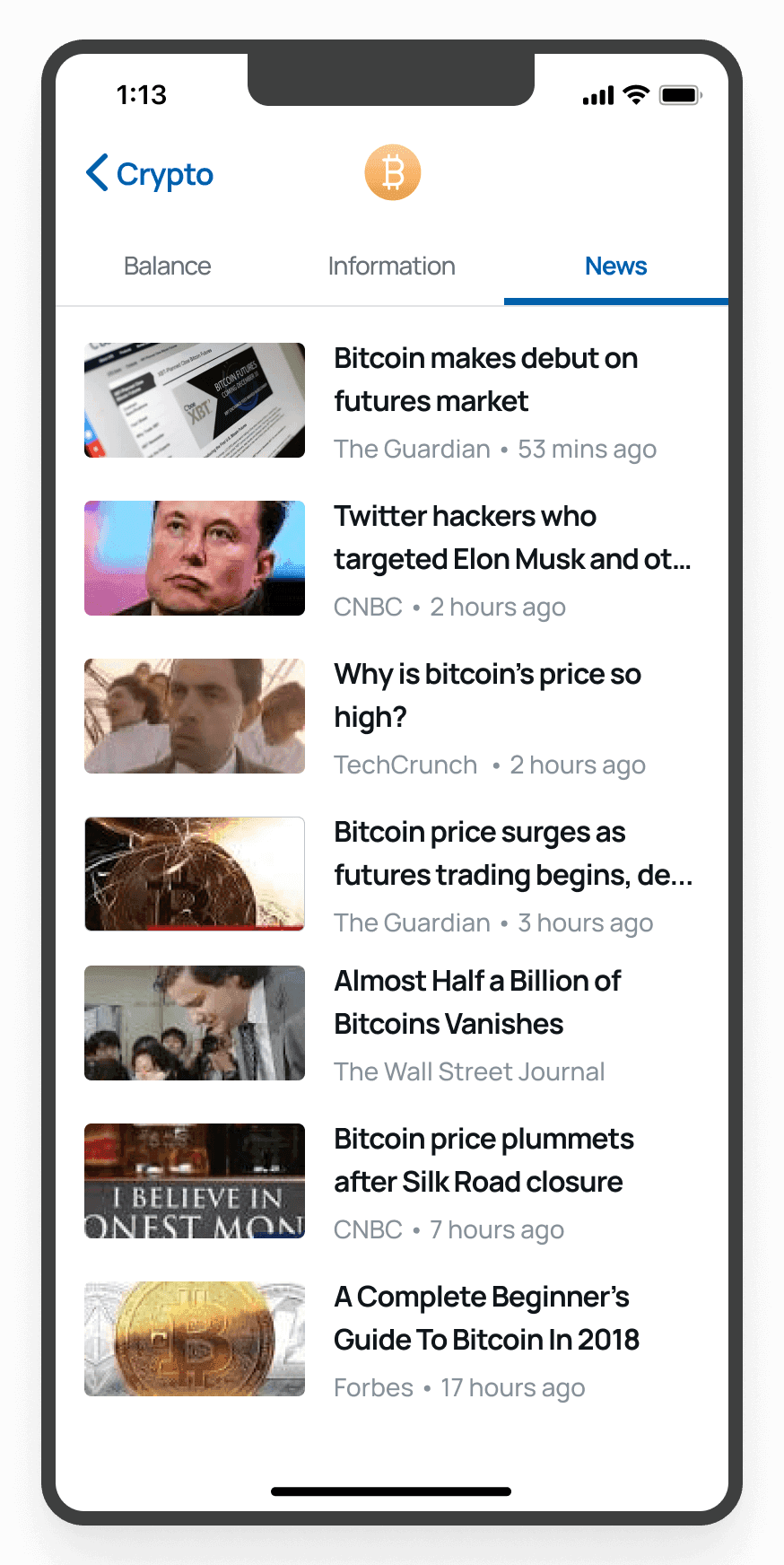 A detailed view of a cryptocurrency app's news section showing recent articles related to Bitcoin and other cryptocurrencies from various news outlets.