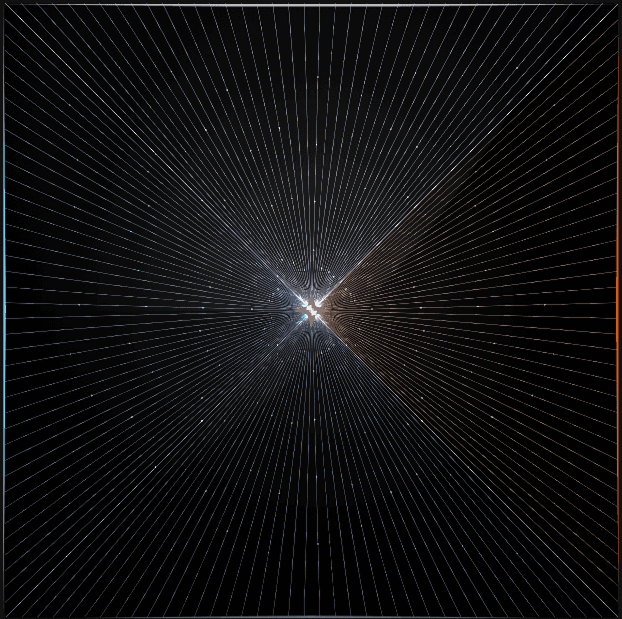 Young person with tousled blonde hair, wearing a bright orange turtleneck sweater, gazes directly with a calm expression. Gray background.