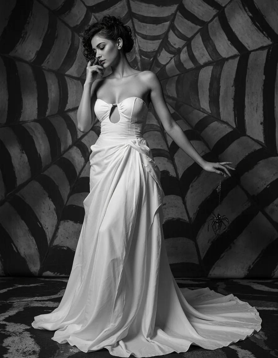 Dramatic black and white photograph showing an elegant white gown against a spiderweb backdrop, creating striking artistic contrast