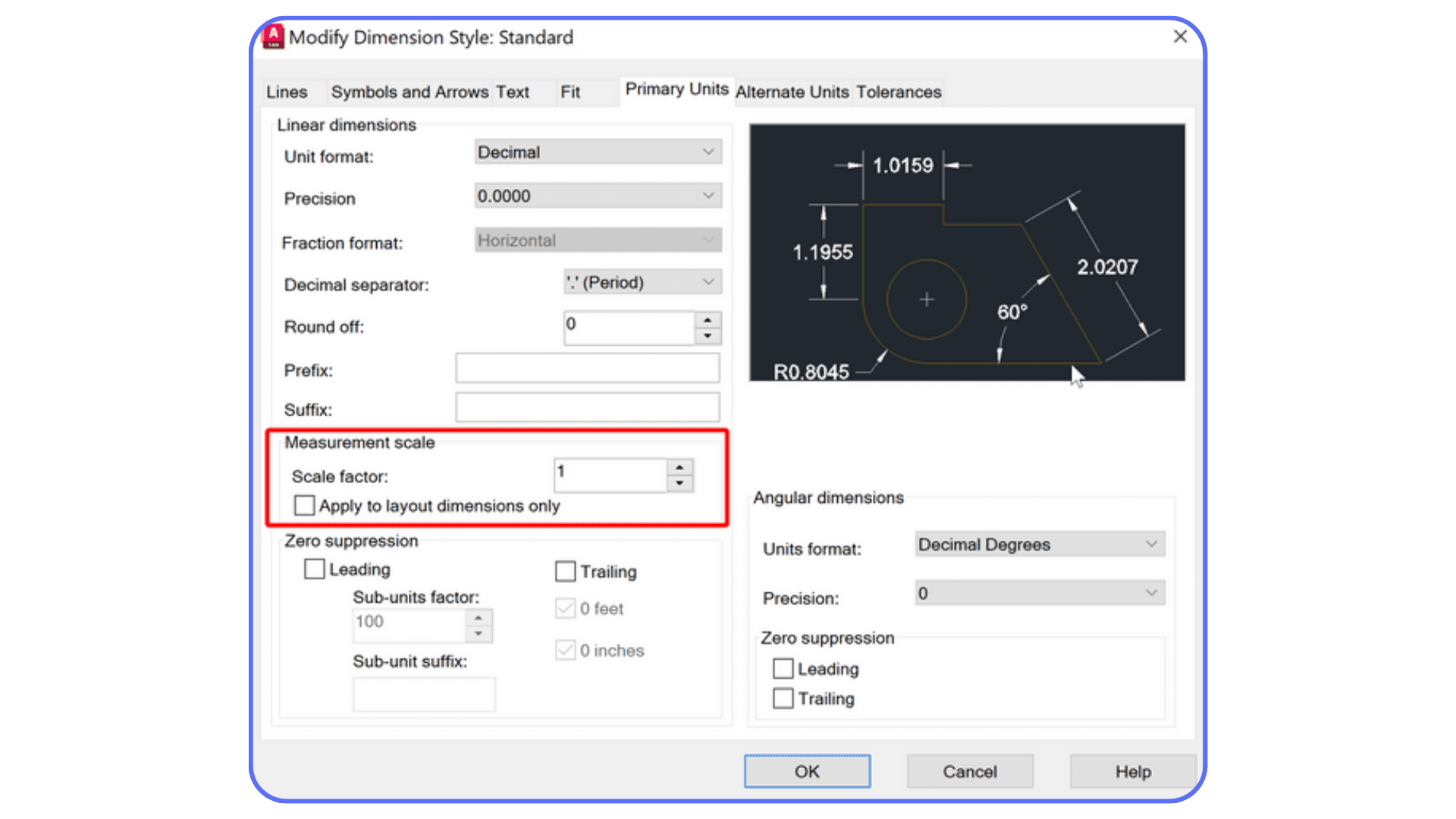 AutoCAD Modify Dimension Style window highlighting the measurement scale and scale factor options.