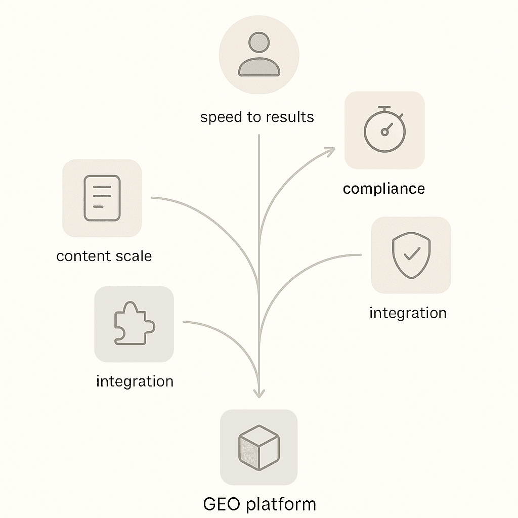Flowchart graphic visualising key decision paths for selecting a GEO platform