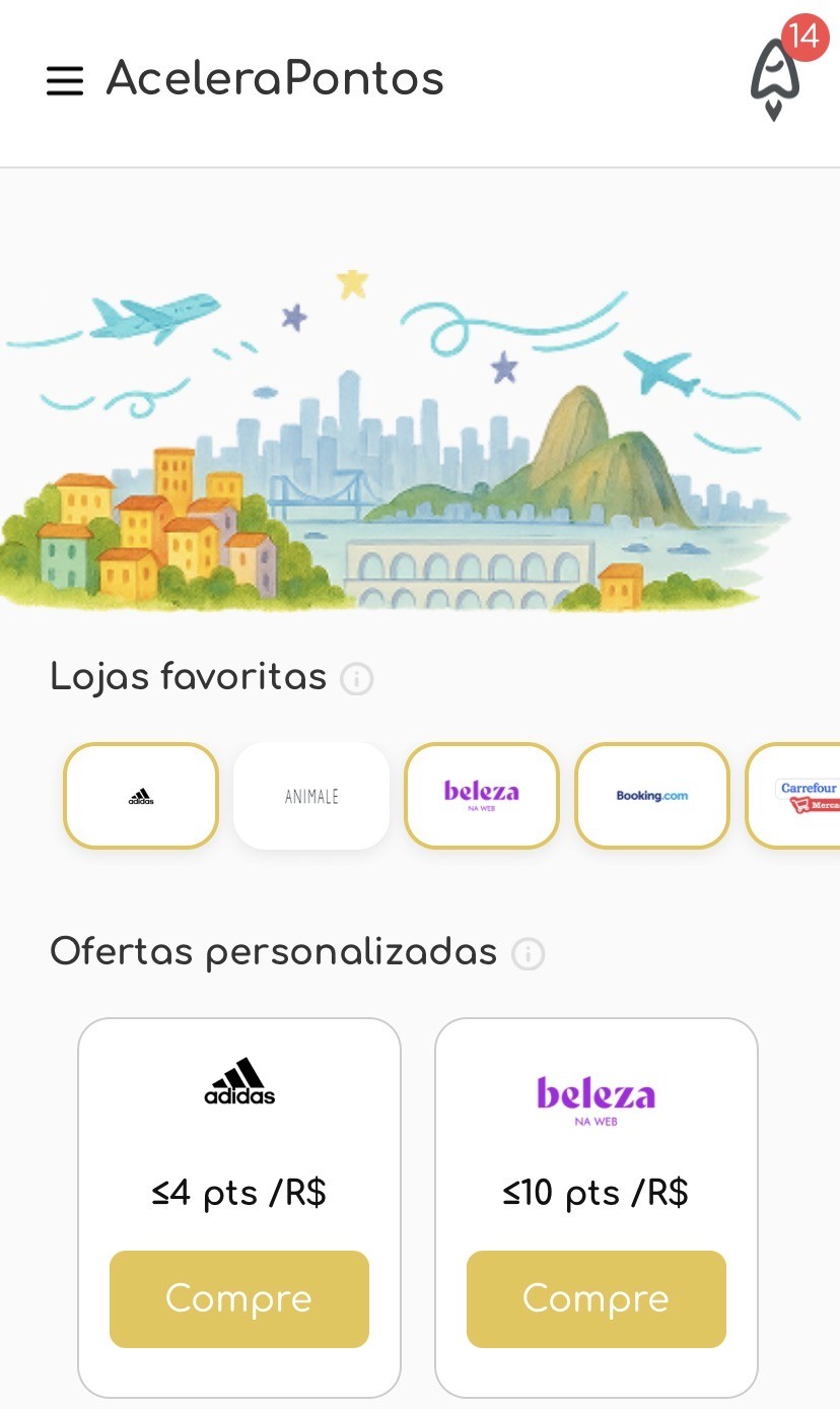 Tela do app AceleraPontos mostrando o potencial da wishlist com simulação de até 62.850 pontos e destaque de até 13x mais pontos. Produtos do dia a dia como eletrônicos, roupas e itens pessoais aparecem organizados para planejar compras que geram mais pontos e milhas para viagens.
