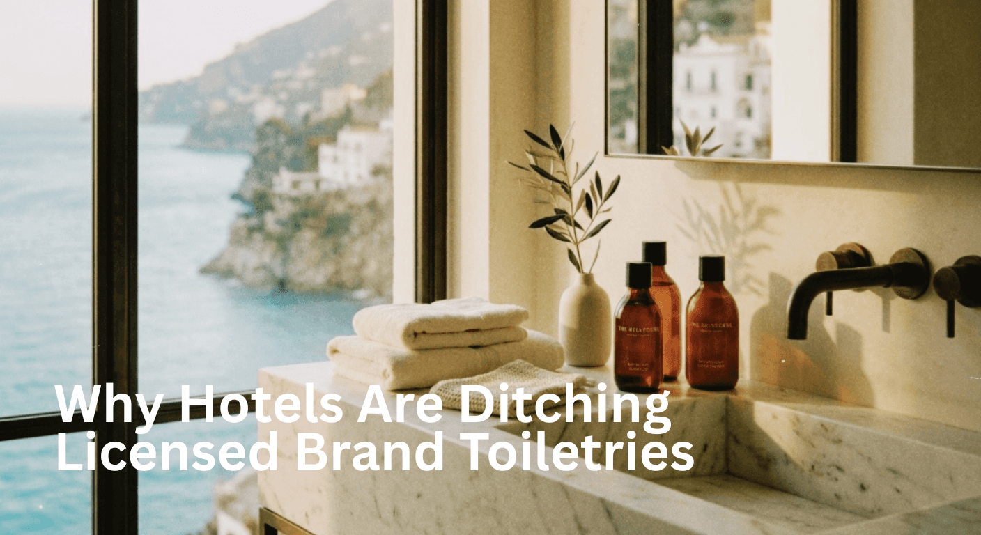 Marble sink with towels, olive branch in a vase, and amber bottles create a serene vibe. Large windows overlook a coastal view with cliffs and sea.