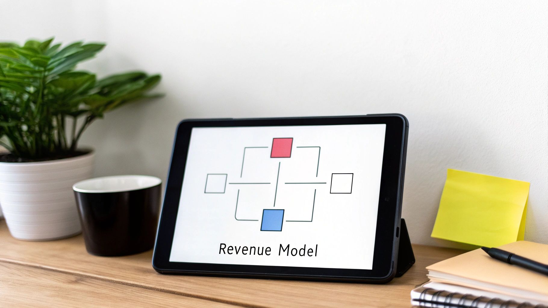 A tablet displays a 'Revenue Model' diagram with interconnected squares on a wooden desk with a plant and notebooks.