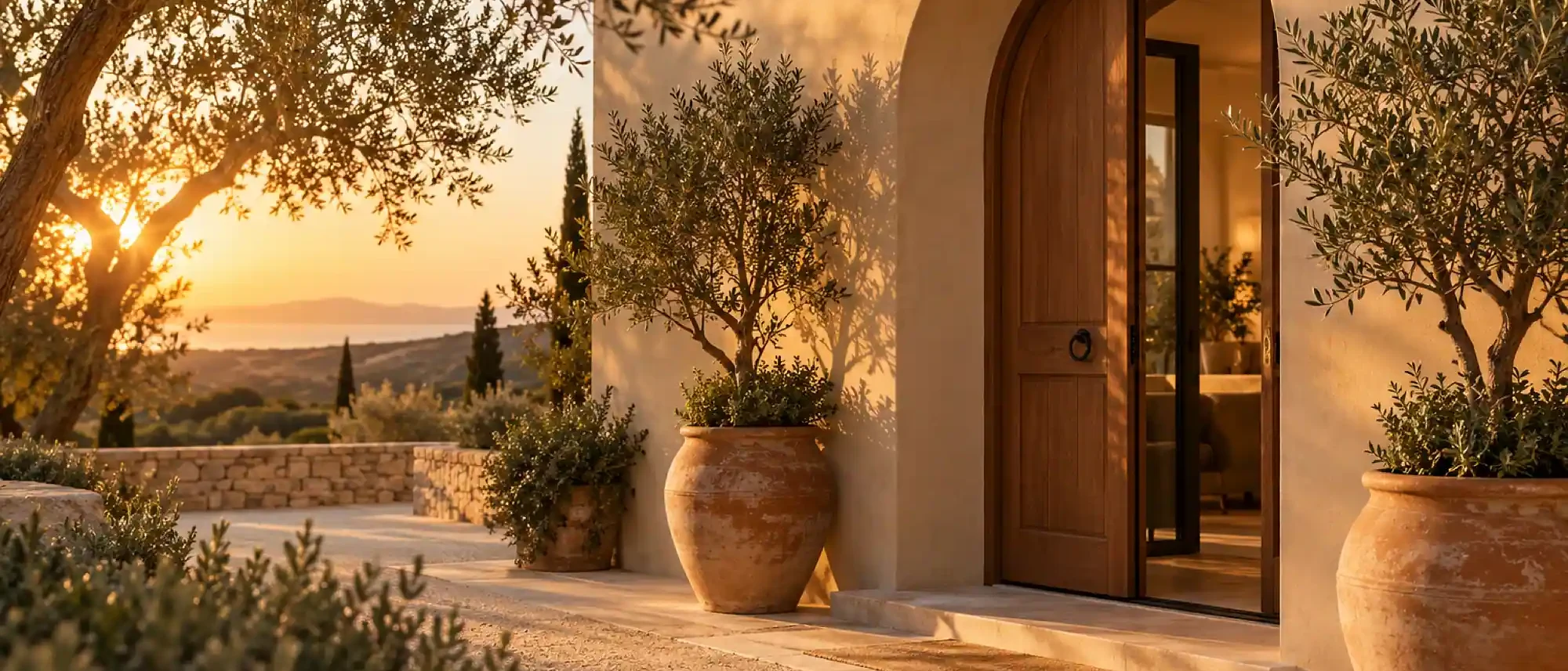 The Solenne building with an arched wooden door and olive trees at golden hour