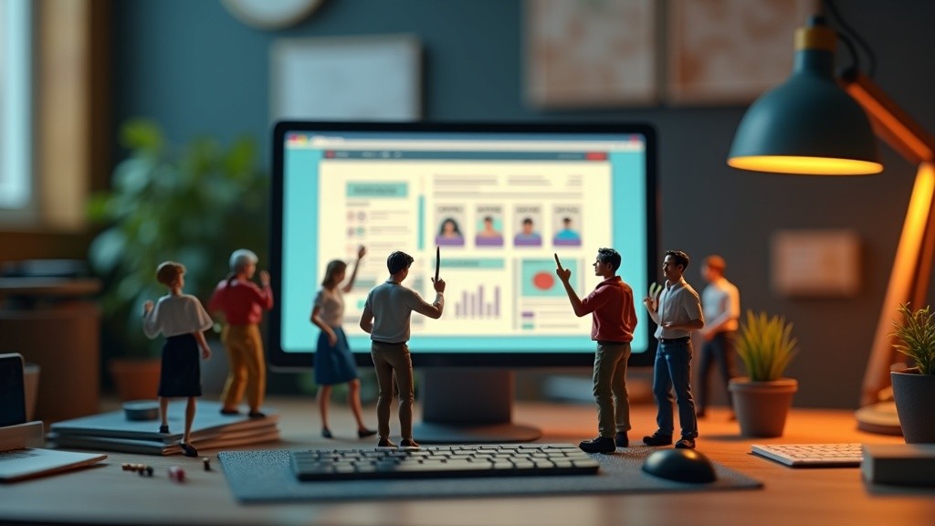 Tiny designers and founders working inside a miniature Framer-style website build scene.