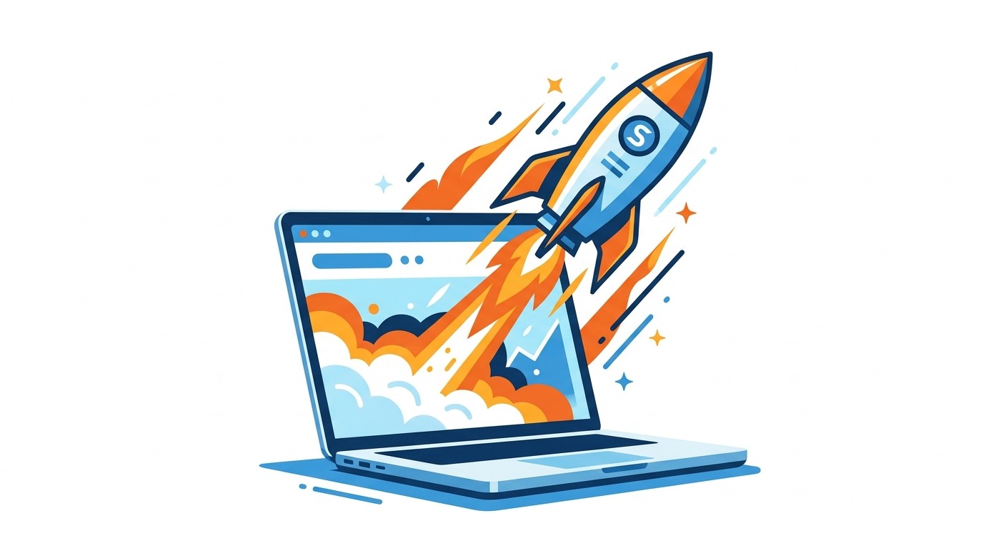 Flat illustration of a rocket launching out of a laptop screen, representing fast speed to market with no-code development.