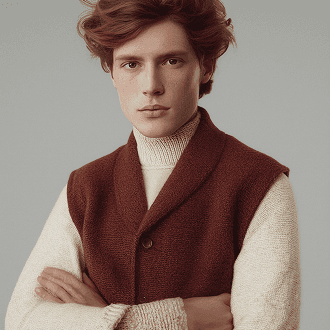A man wearing a brown vest stands confidently, showcasing a casual yet stylish look.