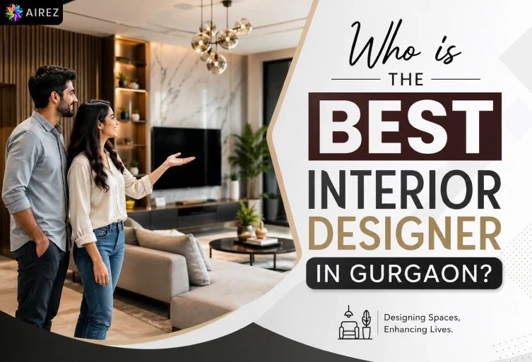 Modern Gurgaon living room interior with a couple viewing design layout and bold headline asking “Who is the best interior designer in Gurgaon?” in clean minimal typography.