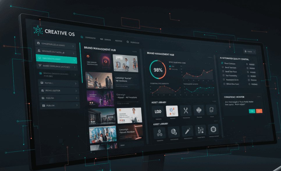 AI-generated imagery showing workflow automation and brand control systems