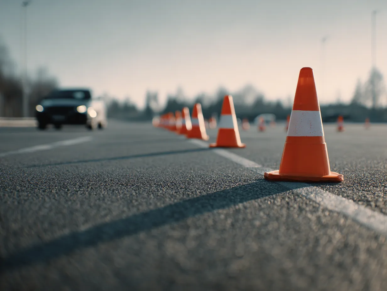 Driving school practice area with traffic cones arranged on asphalt and a training car approaching in the background