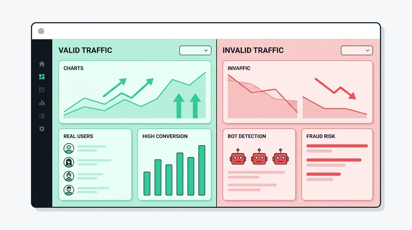 Marketing dashboard split between healthy green valid traffic and a red-tinted invalid traffic segment