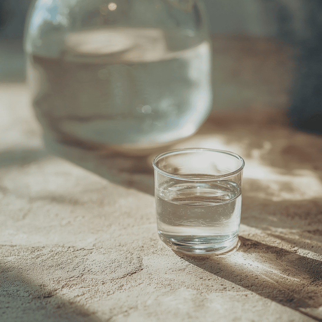 A small glass of water in the foreground, a larger carafe behind — the same job, less space to do it in.